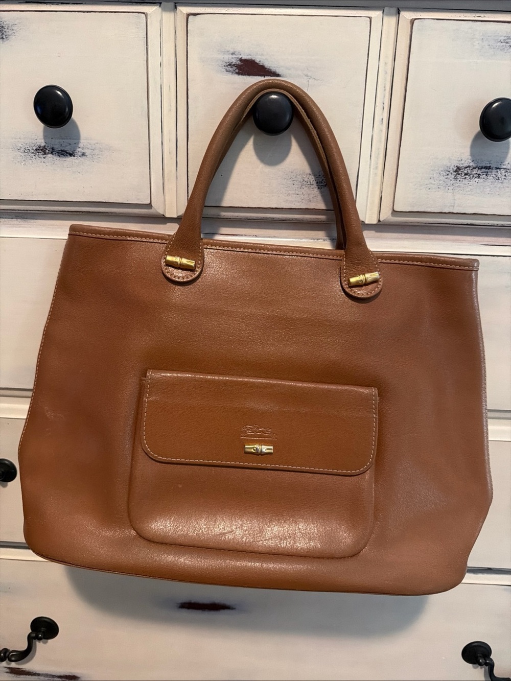 Vintage Longchamp Camel Leather Roseau Top Handle Bamboo Bag